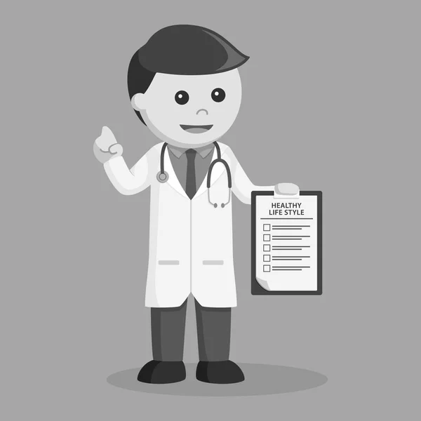 Médico Con Lista Vida Saludable Portapapeles Estilo Blanco Negro — Vector de stock