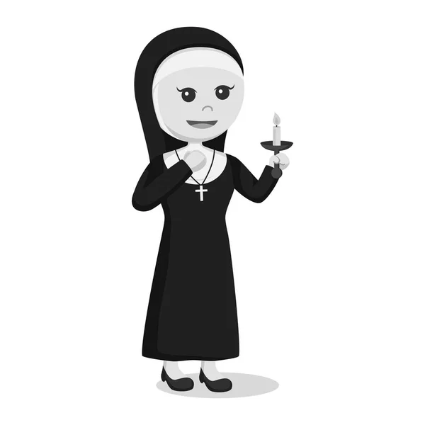 Nun Holding Kaars Zwart Wit Stijl — Stockvector