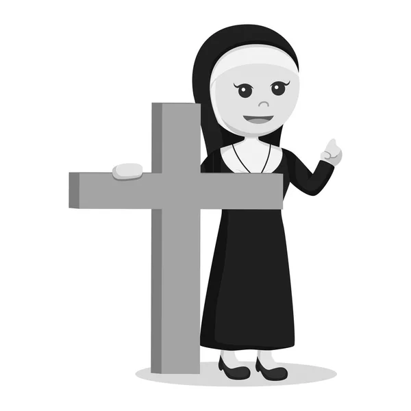 Nonne Tenant Grande Croix Bois Style Noir Blanc — Image vectorielle