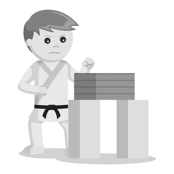 Karate Człowiek Robi Łamanie Deski Stylu Techniką Czarno Białe — Wektor stockowy