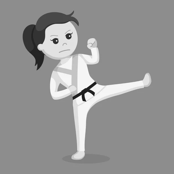 Karate Kobieta Robi Górnej Kopać Stylu Czarno Białe — Wektor stockowy