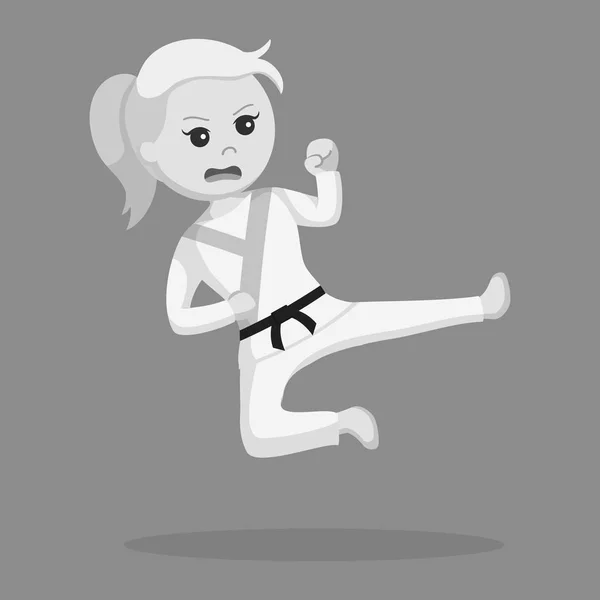 Karate Kobieta Robi Latający Stylu Kick Czarno Białe — Wektor stockowy