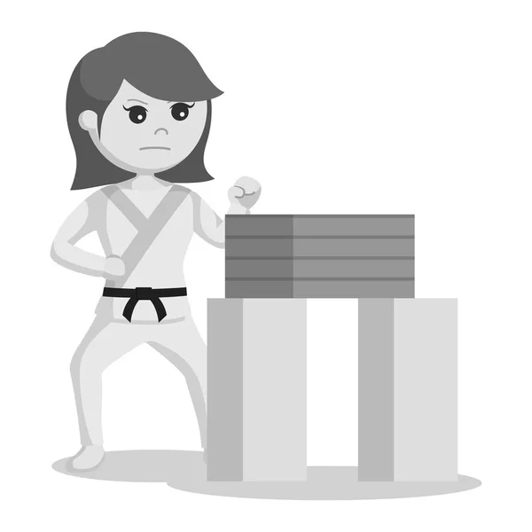 Karate Vrouw Doen Breken Planken Techniek Zwart Wit Stijl — Stockvector
