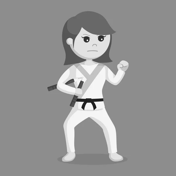 Karate Mujer Sosteniendo Nunchaku Estilo Blanco Negro — Vector de stock