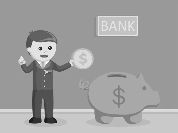 巨大な貯金箱黒と白のスタイルの横にコインを保持している銀行の出納係 — ストックベクタ