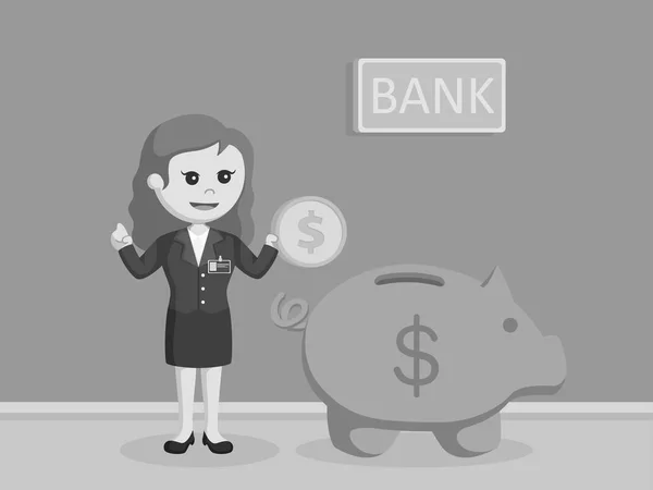 巨大な貯金箱黒と白のスタイルの横にコインを保持している女性銀行の出納係 — ストックベクタ