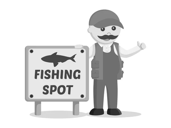 Толстый Рыбак Стоящий Рядом Рыбацкой Точкой Знак Черно Белый Стиль — стоковый вектор