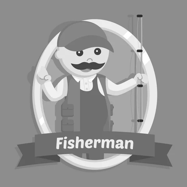 Fat Fisherman Emblem Black White Style — Stock Vector