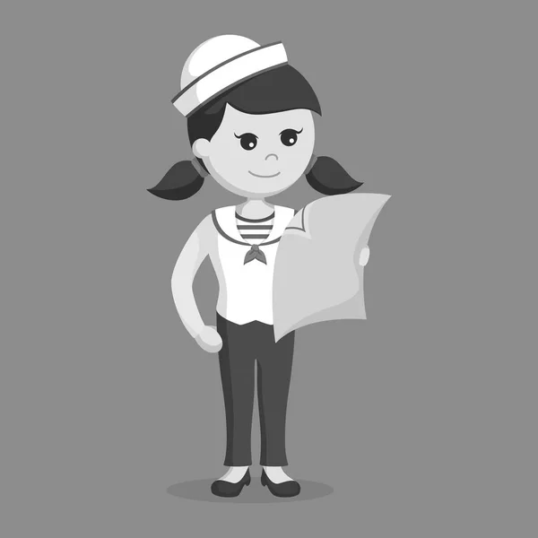 Marinero Femenino Sosteniendo Mapa Estilo Blanco Negro — Vector de stock