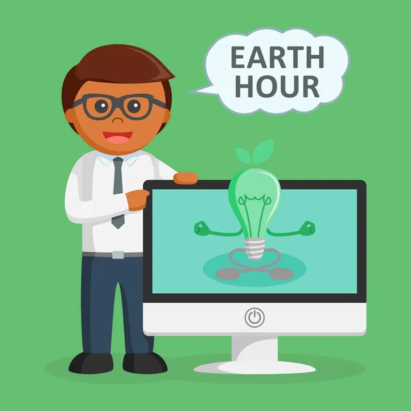 African Businessman Earth Hour Idea Monitor — Stock Vector