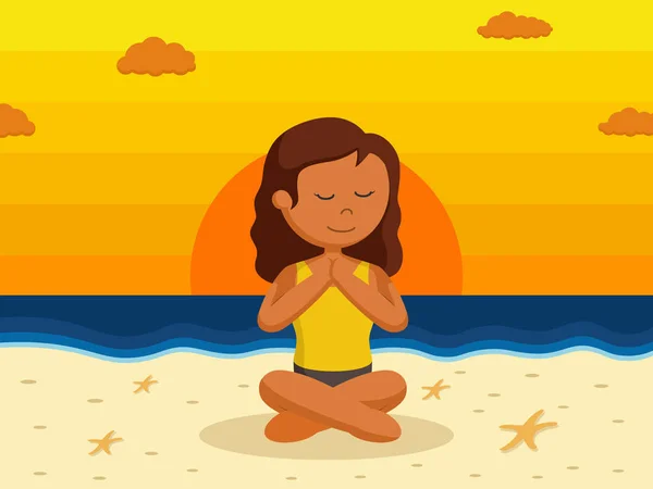Donna Africana Yoga Croce Seduta Sulla Spiaggia Del Tramonto — Vettoriale Stock