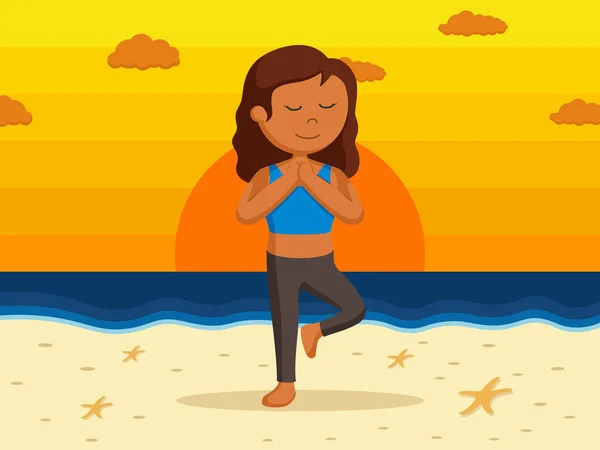Afrikaanse Yoga Vrouw Mediteren Sunset Beach — Stockvector