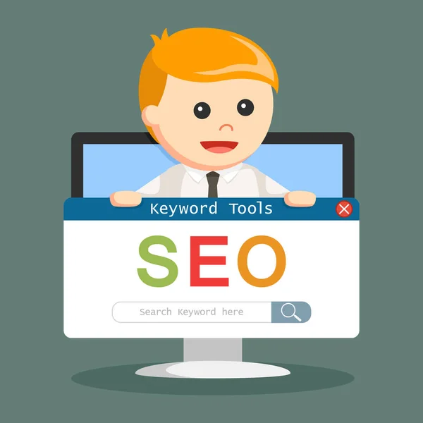 Seo Keyword Search Hold Businessman Monitor — Stock Vector