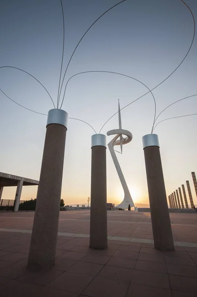 Montjuic Communications Tower Por Santiago Calatrava 1991 Farolas Por Tarde — Foto de Stock