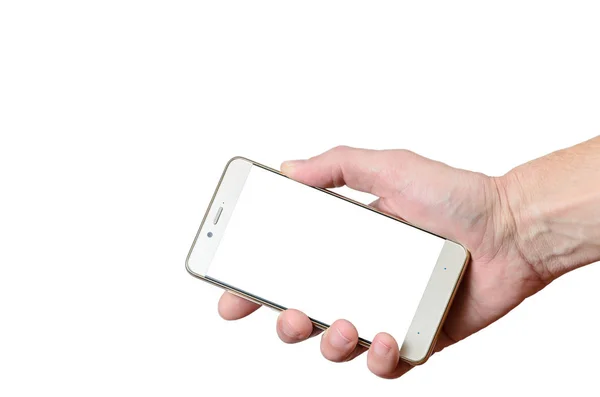 손을 잡고 아래 오른쪽에 있는 흰색 배경에 고립 된 전화 — 스톡 사진