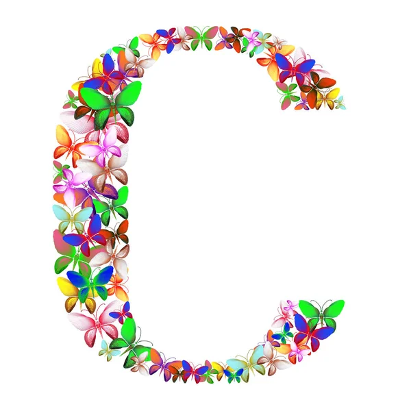 Буква С состоит из множества бабочек разных цветов. — стоковое фото