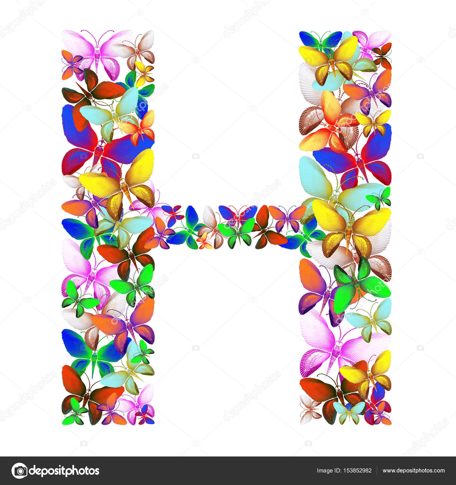 The letter H made up of lots of butterflies of different colors — Stock ...