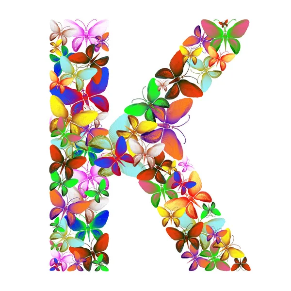 De letter K opgebouwd uit veel vlinders van verschillende kleuren — Stockfoto