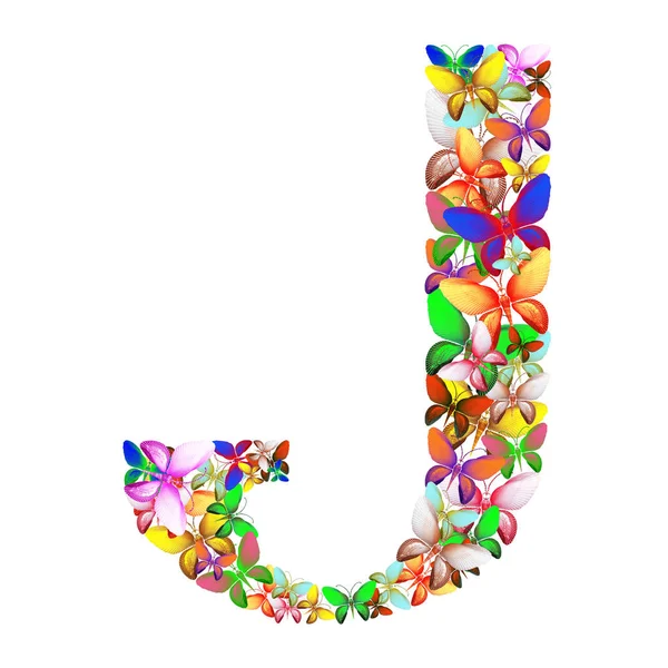 De letter J samengesteld uit tal van vlinders van verschillende kleuren — Stockfoto