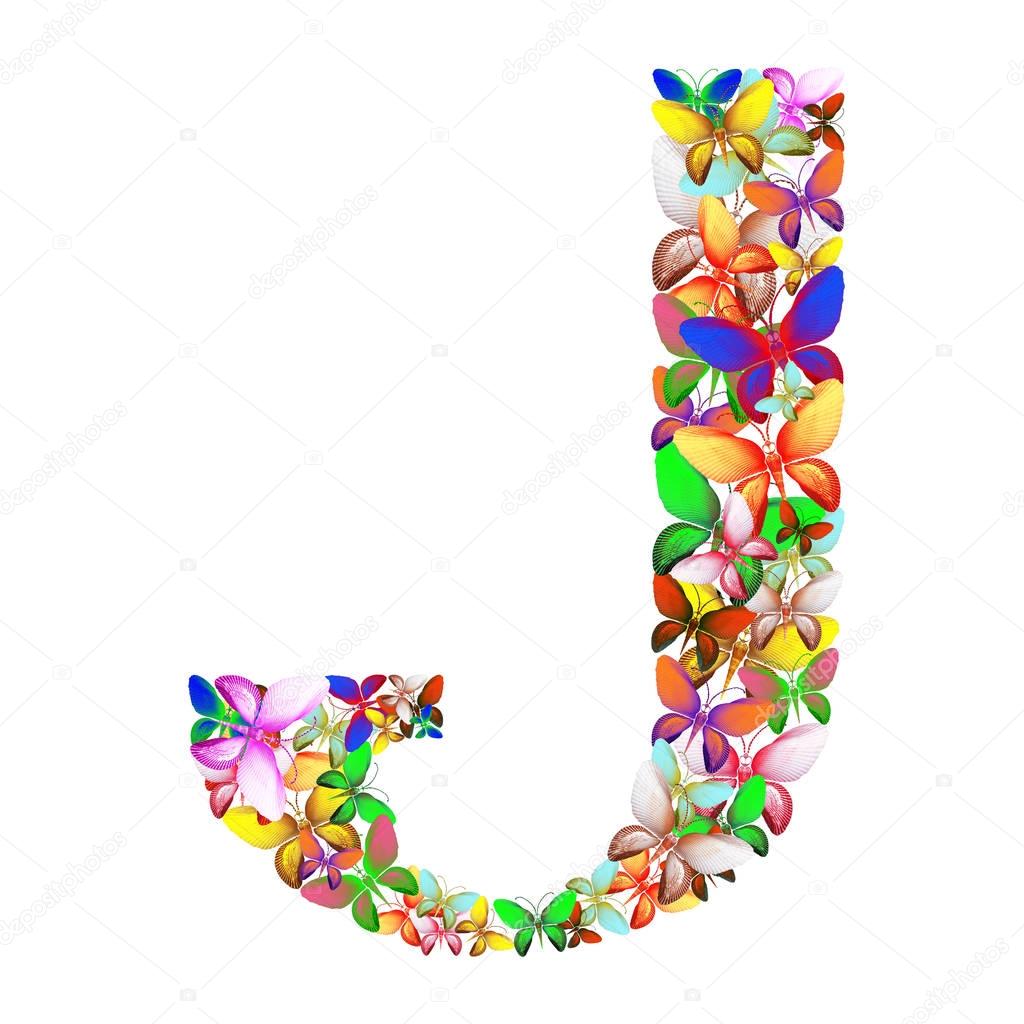 Butterflies of different colors, made of sea shells isolated on a white background stacked in the form of letters J