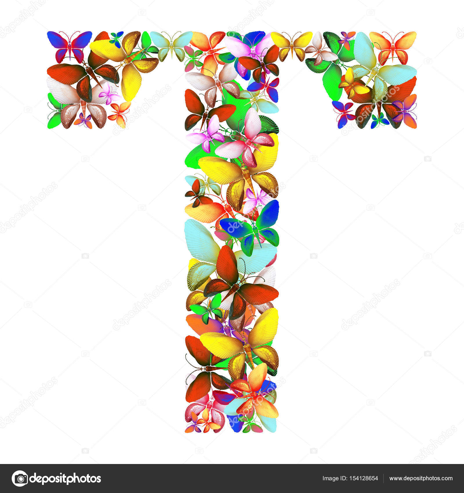 La lettre T composé de beaucoup de papillons de couleurs ...