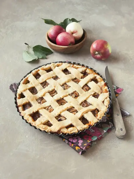 Tarta de manzana casera tradicional sobre fondo marrón malhumorado . — Foto de Stock