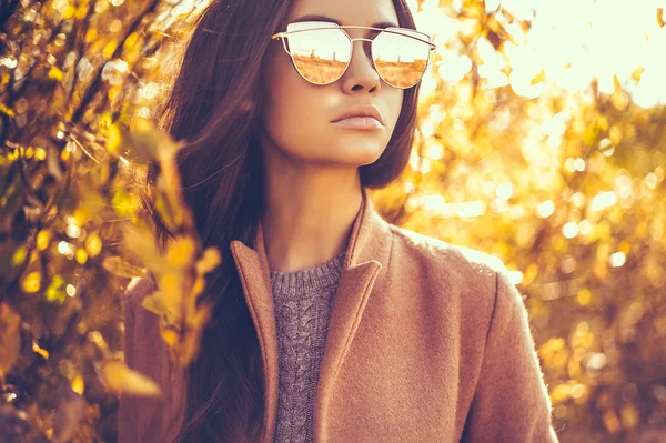 Beautiful lady surrounded autumn leaves — Stock Photo, Image