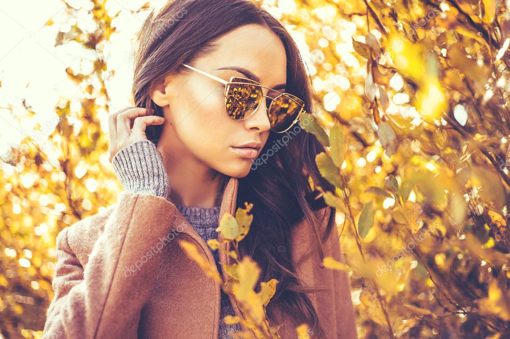 Beautiful lady surrounded autumn leaves