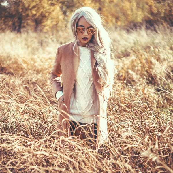 Beautiful lady in autumn landscape — Stock Photo, Image