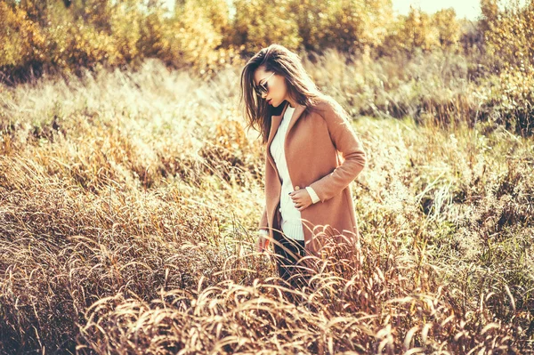 Schöne Dame in herbstlicher Landschaft — Stockfoto