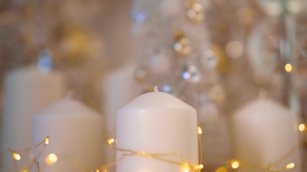 Decorações Natal Cores Brancas Douradas Sobre Brilho Bokeh Luzes Fundo — Vídeo de Stock