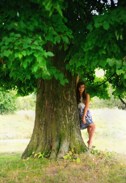 Ein Mädchen träumt unter einem Baum in einem ländlichen Ort Stockbild