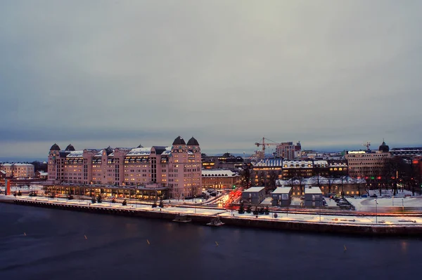 Nattvisning Downtowh Hamnen Oslo Norge Reflektioner Vatten Vintertid — Stockfoto