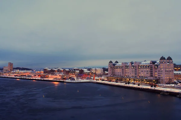 Vista Nocturna Del Puerto Oslo Noruega Reflejos Luz Agua Tiempo — Foto de Stock