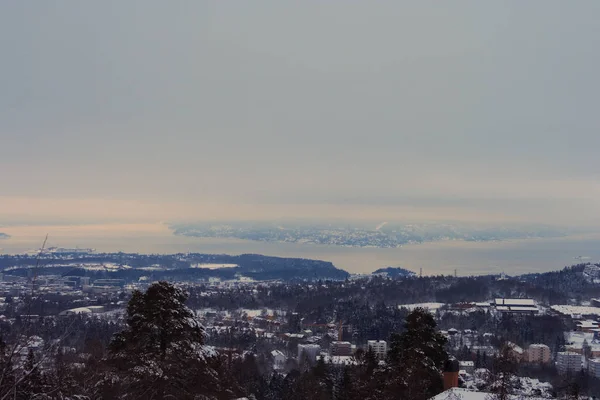 Paesaggio Invernale Vicino Oslo Norvegia Stazione Ferroviaria Oltre Città — Foto Stock