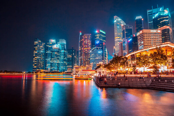 SINGAPORE, SINGAPORE - CIRCA SEPTEMBER, 2017: Marina Bay skyline view of Singapore town by night