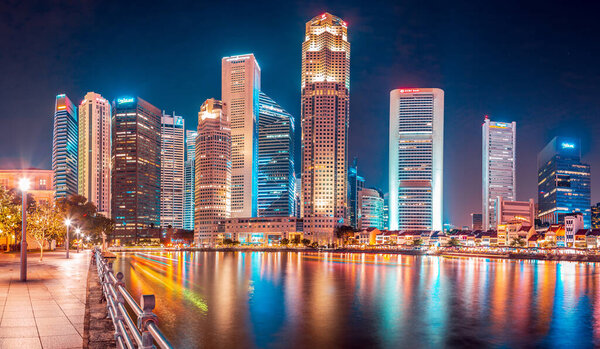 SINGAPORE, SINGAPORE - CIRCA SEPTEMBER, 2017: Marina Bay skyline view of Singapore town by night. Singapore