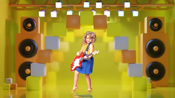 ステージ上にギターを持った少女の肖像画 — ストック写真