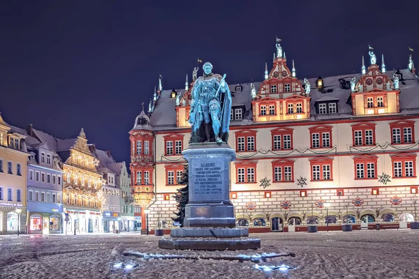 Monumento Príncipe Alberto Marktplatz Invernal Coburgo Por Noche Baviera Alemania —  Fotos de Stock