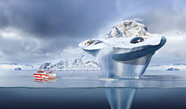 Barco Pesquero Remolcando Iceberg Con Ovni Estrellado Dentro —  Fotos de Stock