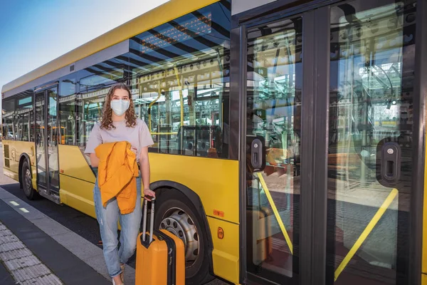 Portrait Teenage Girl Bus Station Medical Face Mask Measure Viral — Stock Photo, Image