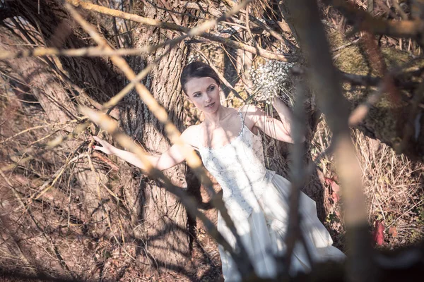 Outdoor Portrait Bride Bridal Bouquet Wedding Dress — Stock Photo, Image