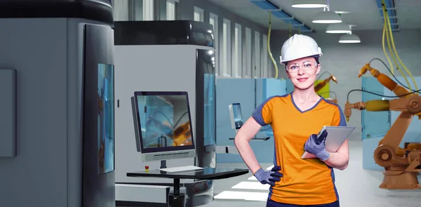 Young Female Technician While Machine Constructing Manufacturing Plant — Stock Photo, Image