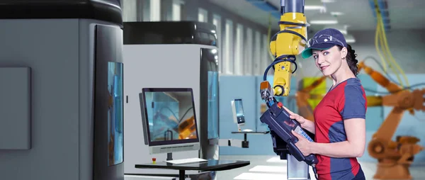 Young Female Technician While Machine Constructing Manufacturing Plant — Stock Photo, Image