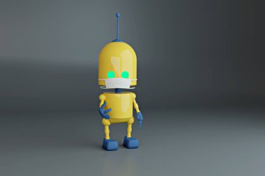 Viral ve bakteriyel enfeksiyonlara karşı önlem olarak tıbbi maskeli küçük bir robot. 3B illüstrasyon 
