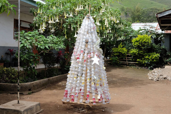 Original Christmas Tree made of plastic garbage, Indonesia