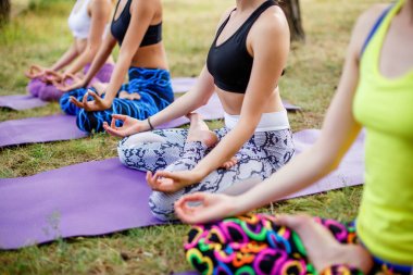 Açık havada taze yeşil çimenlerin üzerinde yoga yaparken kadın grubu. Sağlıklı yaşam tarzı.