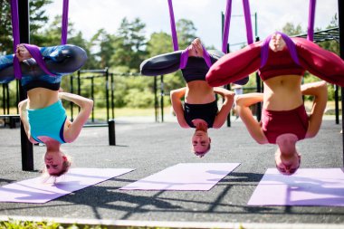 Bir grup genç kadını mor hamak açık hava yoga pratik yapıyor. Uçan hamak.
