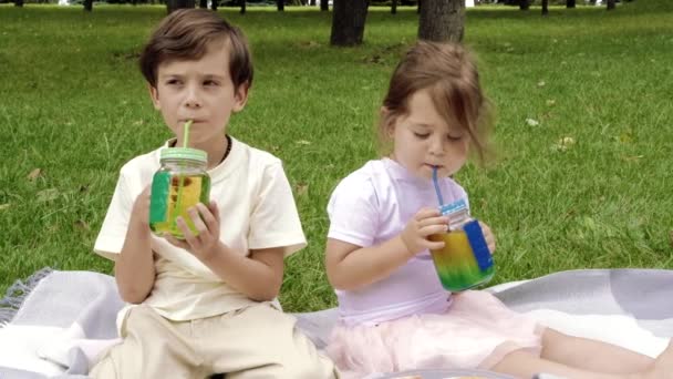 屋外でストローを使ってジュースを飲む2人のかわいい子供 — ストック動画