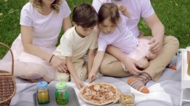Piknik sırasında çimlerin üzerinde dinlenen çocukları olan mutlu bir aile. Aile hayatında mutluluk ve uyum.